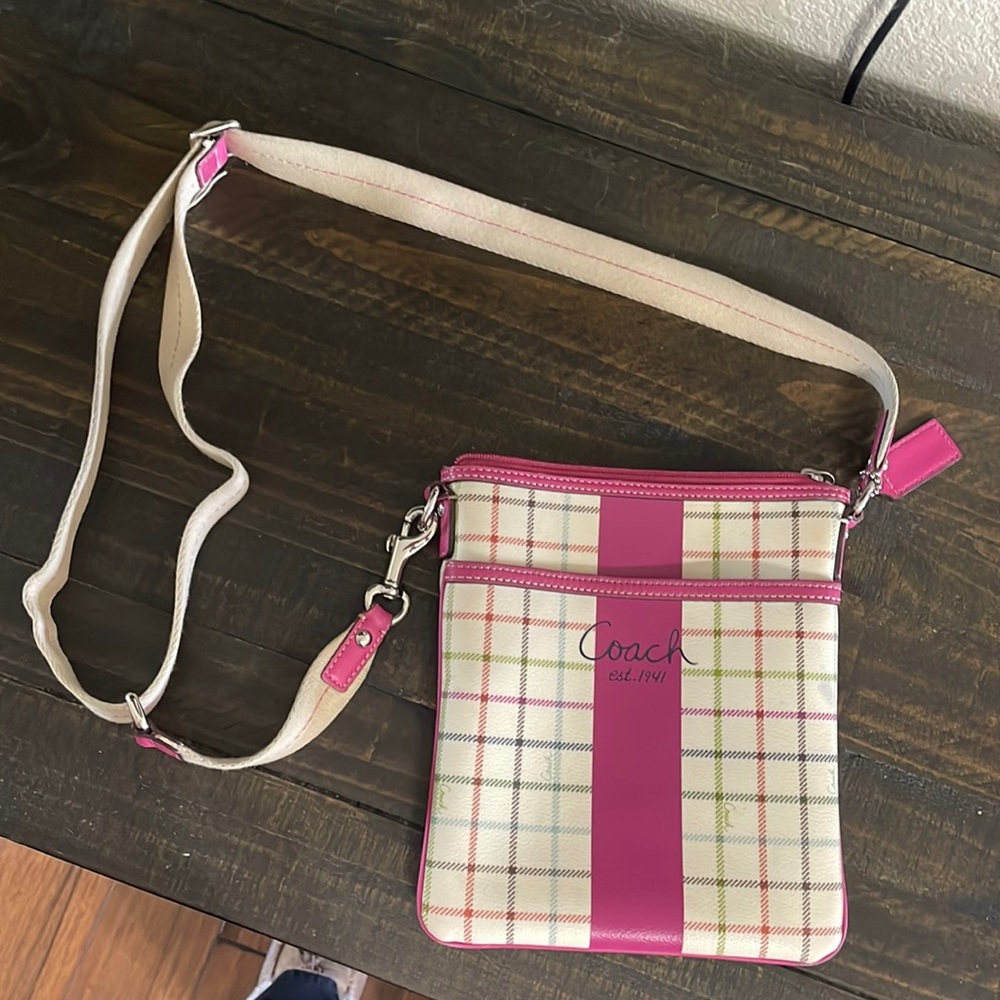 Synthetic pink plaid Coach cross body purse